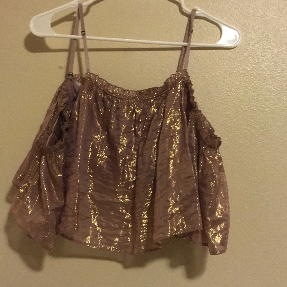 Kimchi Blue Pink Gold off the should crop top